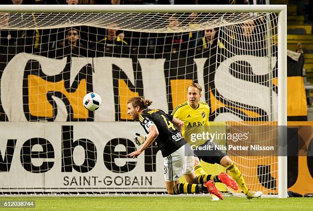 Nils-Eric Johansson of AIK makes a save during the Allsvenskan match between AIK and IFK Norrkoping at Friends arena on October 2, 2016 in Solna,...