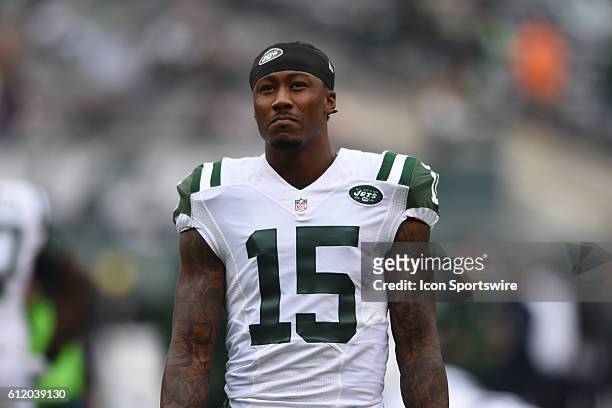 New York Jets Wide Receiver Brandon Marshall [8894] looks to the crowd prior to the start of the NY Jets vs Seattle Seahawks game held at Met-Life...