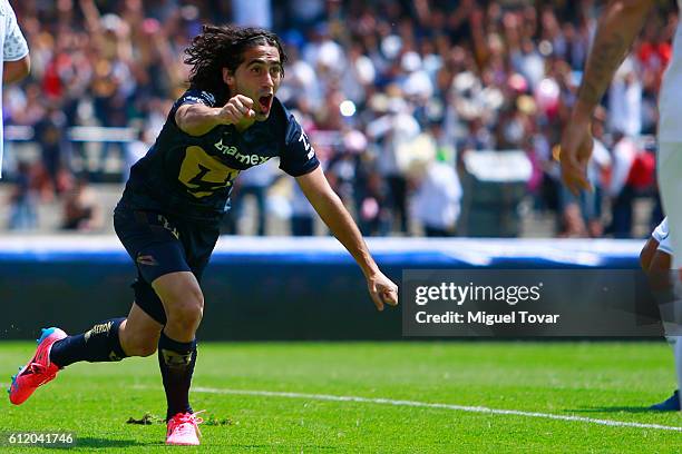 Matias Britos of Pumas celebrates after scoring during the 12th round match between Pumas UNAM and Chiapas as part of the Torneo Apertura 2016 Liga...