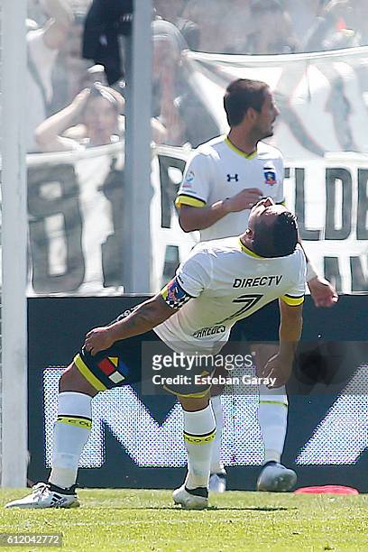 Esteban Paredes of Colo Colo reacts during a match between Colo Colo and Universidad de Chile as part of round 8 of Torneo Apertura 2016 at...