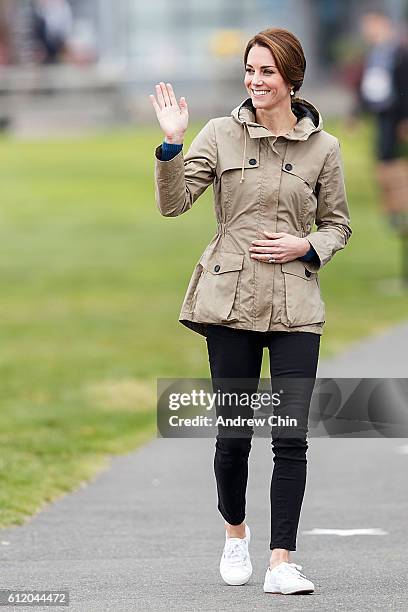 Catherine, Duchess of Cambridge arrives to embark the tall ship Pacific Grace in Victoria Harbour on the final day of their Royal Tour of Canada on...