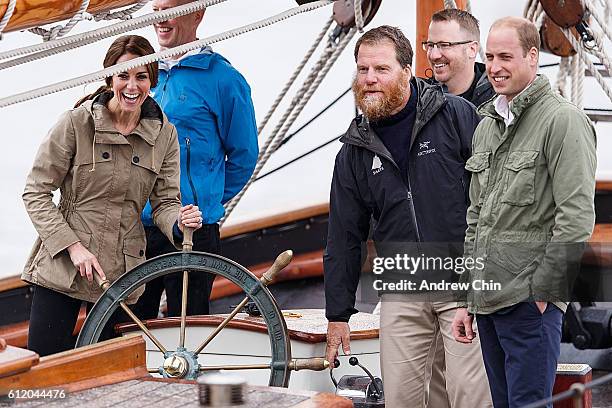 Catherine, Duchess of Cambridge and Prince William, Duke of Cambridge embark the tall ship Pacific Grace in Victoria Harbour on the final day of...