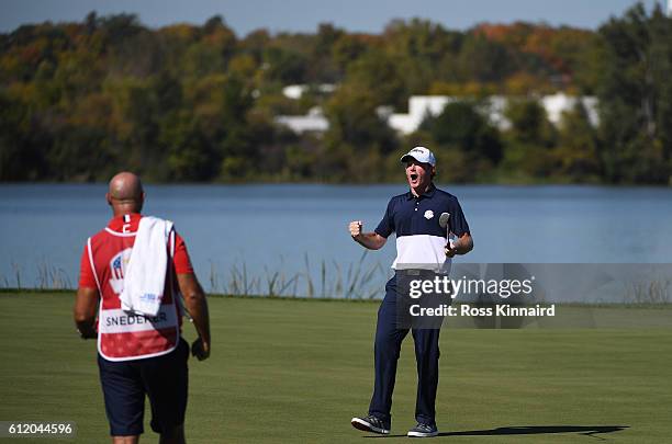 Brandt Snedeker of the United States reacts on the seventh green during singles matches of the 2016 Ryder Cup at Hazeltine National Golf Club on...