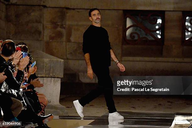 Designer Riccardo Tisci is seen on the runway during the Givenchy show as part of the Paris Fashion Week Womenswear Spring/Summer 2017 on October 2,...