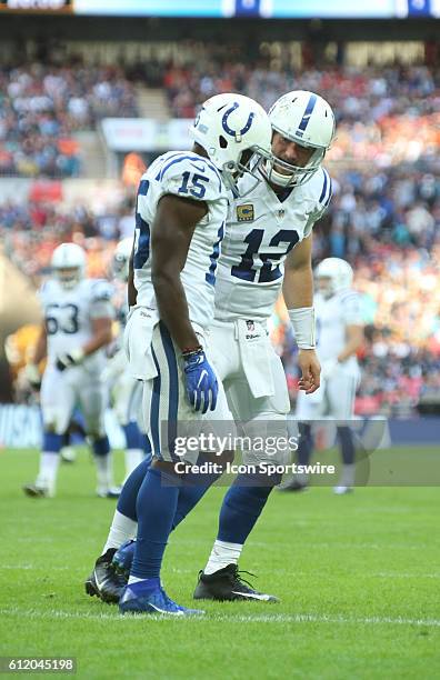 Phillip Dorsett and Andrew Luck during the Jacksonville Jaguars versus the Indianapolis Colts International Series game at Wembley Stadium in London,...