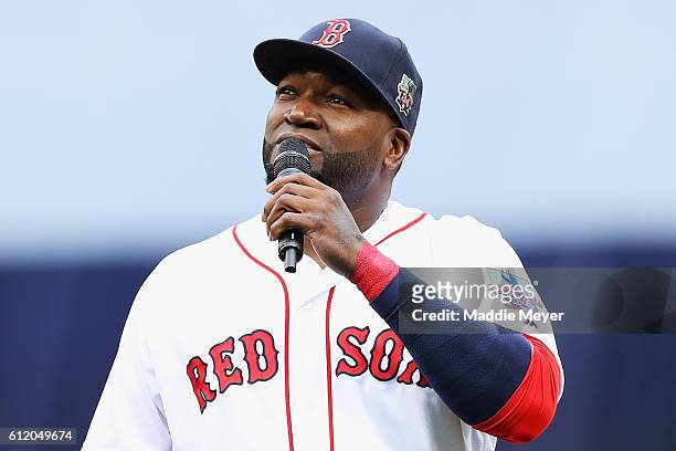 David Ortiz of the Boston Red Sox addresses the crowd during the pregame ceremony to honor his retirement before his last regular season home game at...
