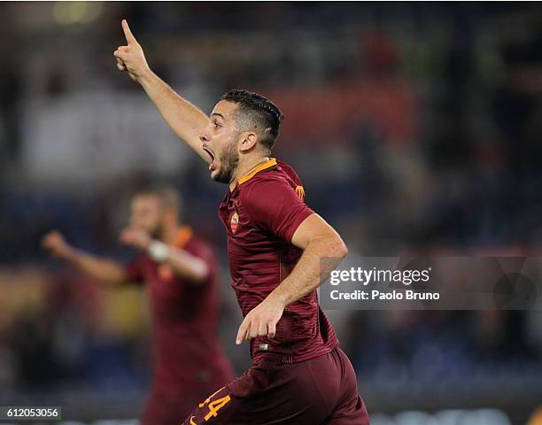 Kostas Manolas of AS Roma celebrates after scoring the team's second goal during the Serie A match between AS Roma and FC Internazionale at Stadio...