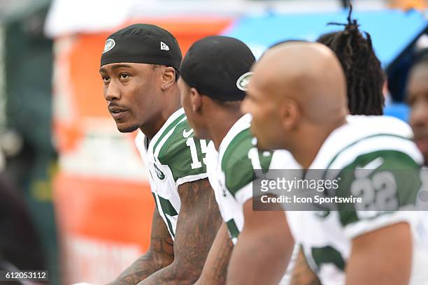 New York Jets Wide Receiver Brandon Marshall reflects on the last series during the NY Jets vs Seattle Seahawks game held at Met-Life Stadium in East...