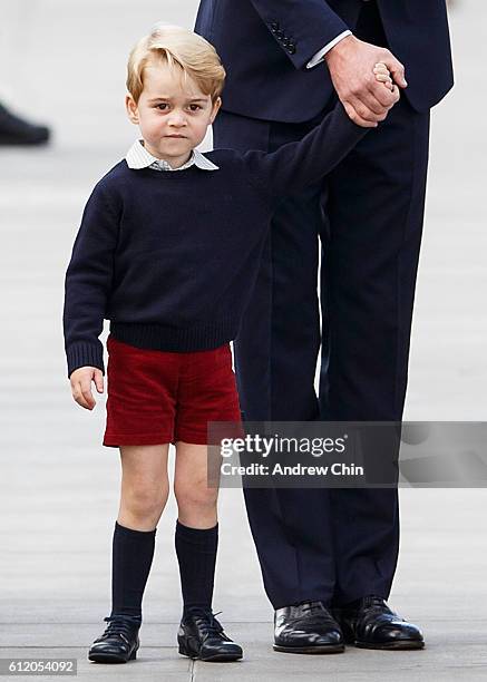 Prince George of Cambridge leaves from Victoria Harbour to board a seaplane on the final day of their Royal Tour of Canada on October 1, 2016 in...