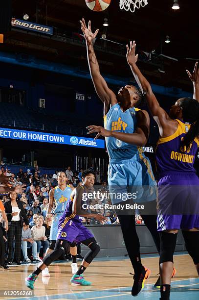 Clarissa Dos Santos of the Chicago Sky shoots the ball against the Los Angeles Sparks in Game Three of the Semifinals during the 2016 WNBA Playoffs...