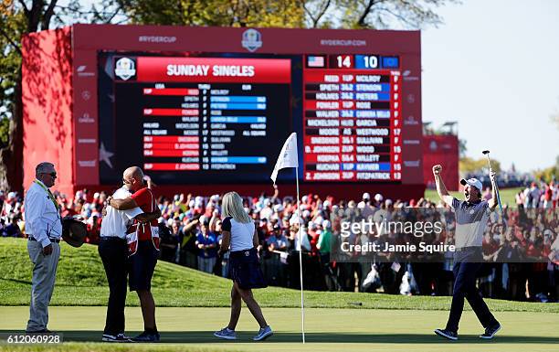 Brandt Snedeker of the United States celebrates on the 17th green after winning his match during singles matches of the 2016 Ryder Cup at Hazeltine...
