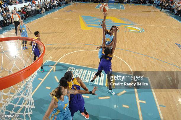 Clarissa Dos Santos of the Chicago Sky shoots the ball against the Los Angeles Sparks in Game Three of the Semifinals during the 2016 WNBA Playoffs...