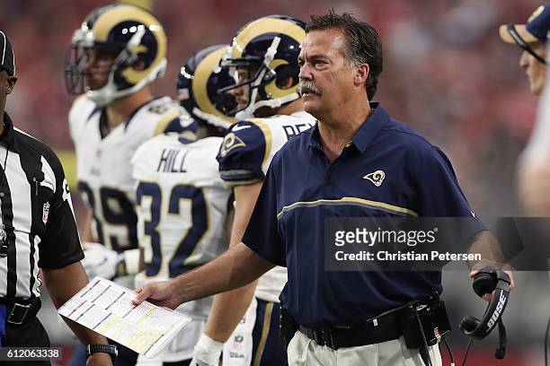 Head coach Jeff Fisher of the Los Angeles Rams reacts on the sidelines during the second quarter of the NFL game against the Arizona Cardinals at the...