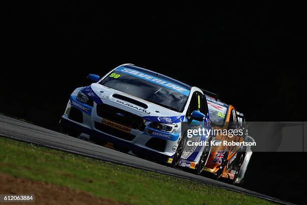 Jason Plato of Silverline Subaru BMR Racing drives during the Dunlop MSA British Touring Car Championship at Brands Hatch on October 2, 2016 in...