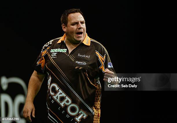 Dublin , Ireland - 2 October 2016; Adrian Lewis celebrates hitting 180 against Jelle Klaasen during the PDC World Grand Prix at the CityWest Hotel,...