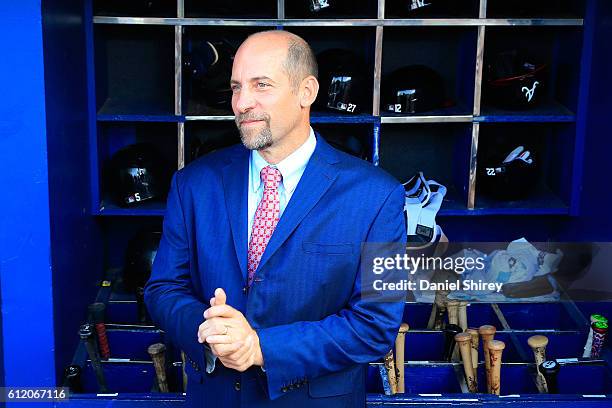 Former Atlanta Braves player John Smoltz stands in the dugout after the game against the Detroit Tigers at Turner Field on October 2, 2016 in...