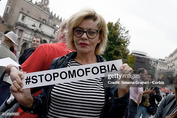 October 01: Actress Eva Grimaldi partecipating at the Flash mob against homophobia to demand the reopening of the work on the Law Against Homophobia...