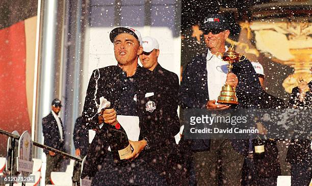 Rickie Fowler of the United States celebrates during the closing ceremony of the 2016 Ryder Cup at Hazeltine National Golf Club on October 2, 2016 in...