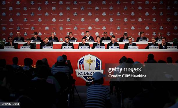 The European team speaks in a press conference after being defeated by the United States during singles matches of the 2016 Ryder Cup at Hazeltine...