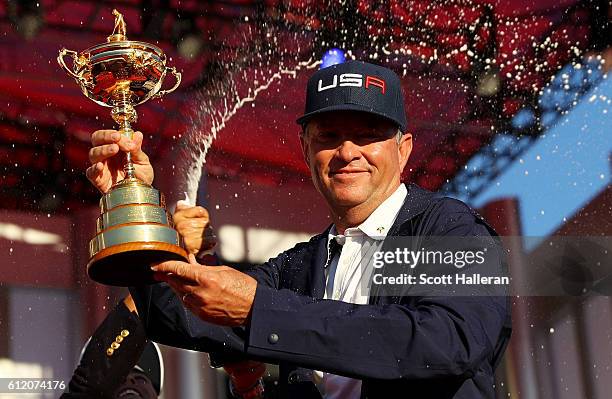 Captain Davis Love III of the United States celebratesduring the closing ceremony of the 2016 Ryder Cup at Hazeltine National Golf Club on October 2,...