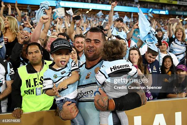 Andrew Fifita of the Sharks celebrates winning the 2016 NRL Grand Final match between the Cronulla Sharks and the Melbourne Storm at ANZ Stadium on...