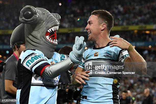 James Maloney of the Sharks celebrates winning the 2016 NRL Grand Final match between the Cronulla Sharks and the Melbourne Storm at ANZ Stadium on...