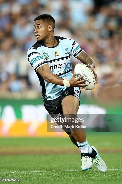 Ben Barba of the Sharks runs the ball during the 2016 NRL Grand Final match between the Cronulla Sharks and the Melbourne Storm at ANZ Stadium on...