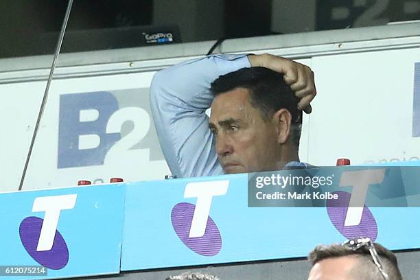 Sharks coach, Shane Flanagan watches the 2016 NRL Grand Final match between the Cronulla Sharks and the Melbourne Storm at ANZ Stadium on October 2,...