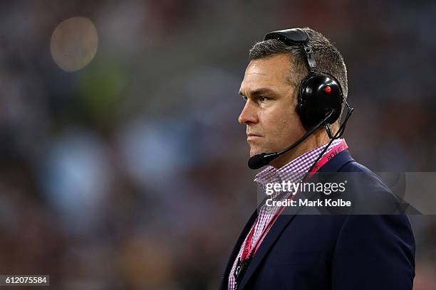 Storm assistant forwards coach Jason Ryles looks on during the 2016 NRL Grand Final match between the Cronulla Sharks and the Melbourne Storm at ANZ...