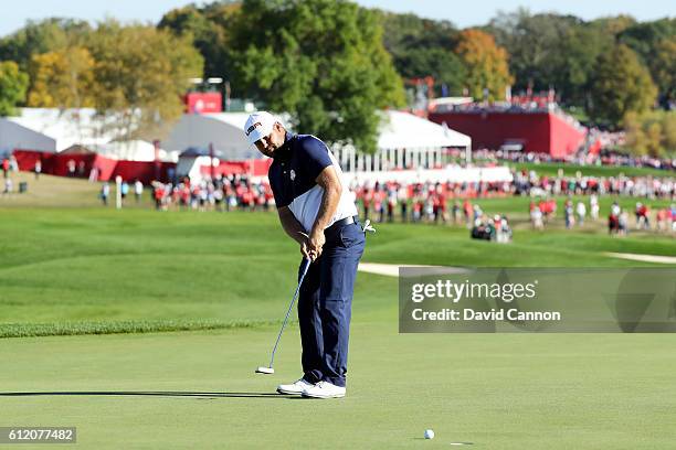 Ryan Moore of the United States reacts during singles matches of the 2016 Ryder Cup at Hazeltine National Golf Club on October 2, 2016 in Chaska,...