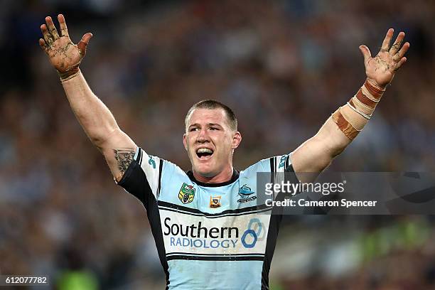 Paul Gallen of the Sharks celebrates winning the 2016 NRL Grand Final match between the Cronulla Sharks and the Melbourne Storm at ANZ Stadium on...