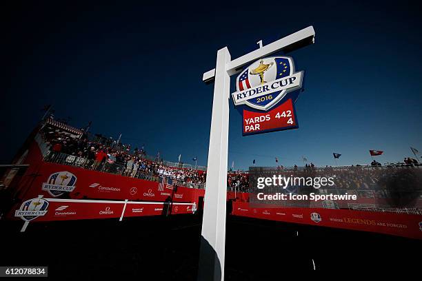 Chaska, MN, USA; Fans wait in the grandstands on the first tee as the sun comes up before the Day 2 morning matches for the 2016 Ryder Cup at...