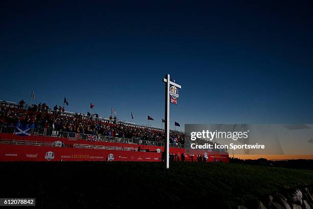 Chaska, MN, USA; Fans wait in the grandstands on the first tee as the sun comes up before the Day 2 morning matches for the 2016 Ryder Cup at...