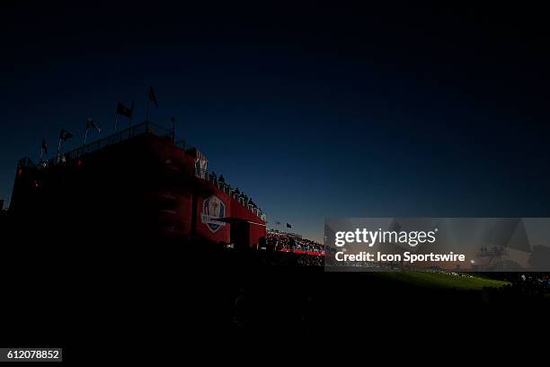 Chaska, MN, USA; Fans wait in the grandstands on the first tee as the sun comes up before the Day 2 morning matches for the 2016 Ryder Cup at...