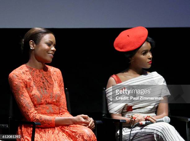 Actors Naomie Harris and Janelle Monae attend the 'Moonlight' Intro and Q&A during the 54th New York Film Festival at Alice Tully Hall, Lincoln...