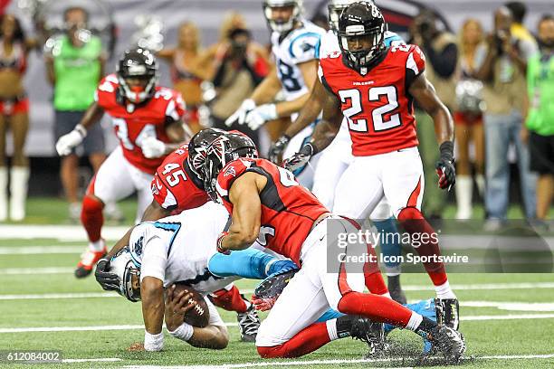 Atlanta Falcons outside linebacker Vic Beasley sacks Carolina Panthers quarterback Cam Newton during the NFL game between the Carolina Panthers and...