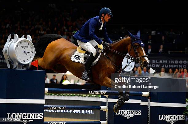 Daniel Deusser of Germany during the Longines Grand Prix event at the Longines Masters of Los Angeles 2016 at the Long Beach Convention Center on...