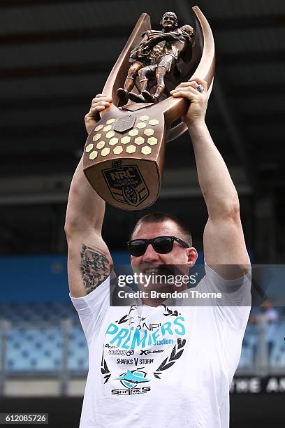 Paul Gallen of the Sharks holds aloft the Premiership Trophy after winning the 2016 NRL Grand Final during the Cronulla Sharks NRL Grand Final...