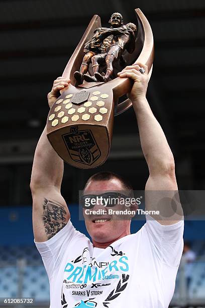 Paul Gallen of the Sharks holds aloft the Premiership Trophy after winning the 2016 NRL Grand Final during the Cronulla Sharks NRL Grand Final...