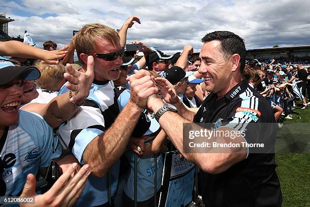 Sharks coach, Shane Flanagan celebrates with fans during the Cronulla Sharks NRL Grand Final celebrations at Southern Cross Group Stadium on October...