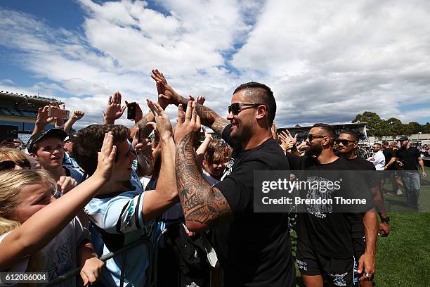 Andrew Fifita of the Sharks celebrates with fans during the Cronulla Sharks NRL Grand Final celebrations at Southern Cross Group Stadium on October...