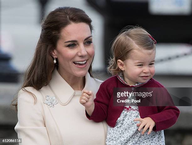 Catherine, Duchess of Cambridge and Princess Charlotte leave from Victoria Harbour to board a sea-plane on the final day of their Royal Tour of...