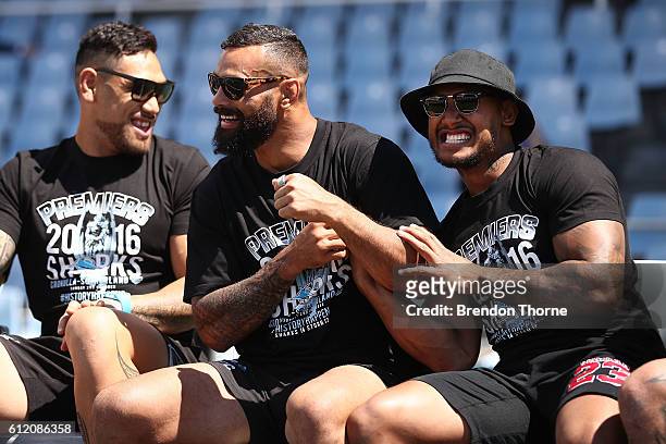 Jayson Bukuya and Ben Barba of the Sharks celebrate during the Cronulla Sharks NRL Grand Final celebrations at Southern Cross Group Stadium on...