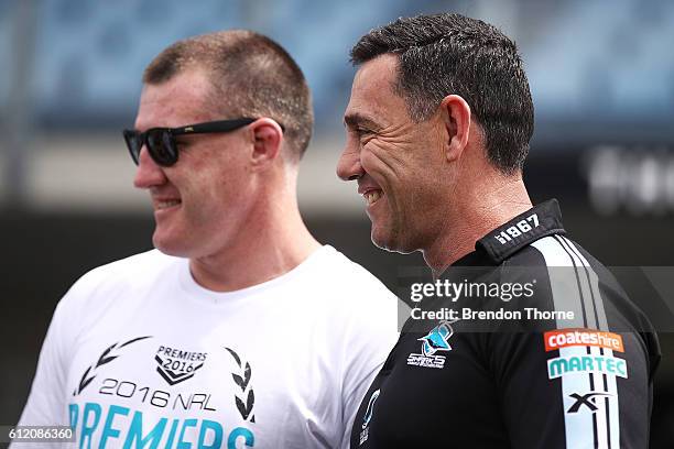 Sharks coach, Shane Flanagan and Paul Gallen of the Sharks share a joke during the Cronulla Sharks NRL Grand Final celebrations at Southern Cross...