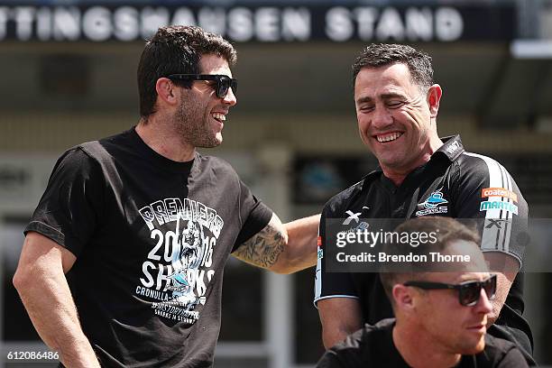 Sharks coach, Shane Flanagan and Michael Ennis of the Sharks share a joke during the Cronulla Sharks NRL Grand Final celebrations at Southern Cross...