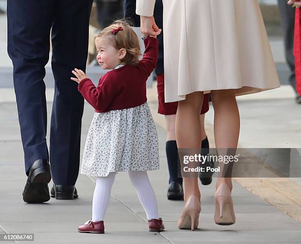 Princess Charlotte leaves from Victoria Harbour to board a sea-plane on the final day of their Royal Tour of Canada on October 1, 2016 in Victoria,...