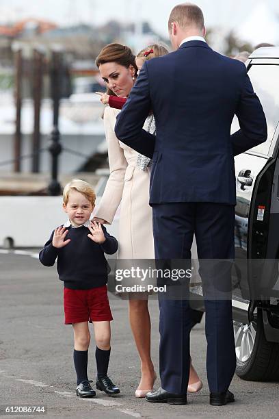 Prince William, Duke of Cambridge, Prince George of Cambridge, Catherine, Duchess of Cambridge and Princess Charlotte leave from Victoria Harbour to...