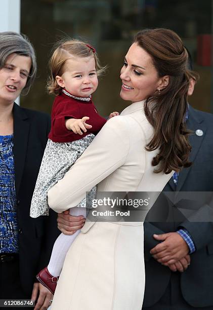 Catherine, Duchess of Cambridge and Princess Charlotte leave from Victoria Harbour to board a sea-plane on the final day of their Royal Tour of...