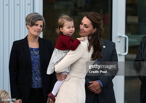 Catherine, Duchess of Cambridge and Princess Charlotte leave from Victoria Harbour to board a sea-plane on the final day of their Royal Tour of...