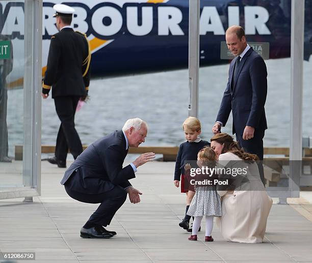 Prince William, Duke of Cambridge, Prince George of Cambridge, Catherine, Duchess of Cambridge and Princess Charlotte leave from Victoria Harbour to...